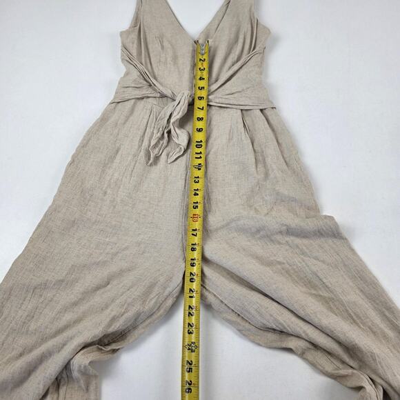 Maeve Anthropologie Jumpsuit Womens 0 Beige Linen Wide Leg V Neck Tie Waist - Picture 6 of 16